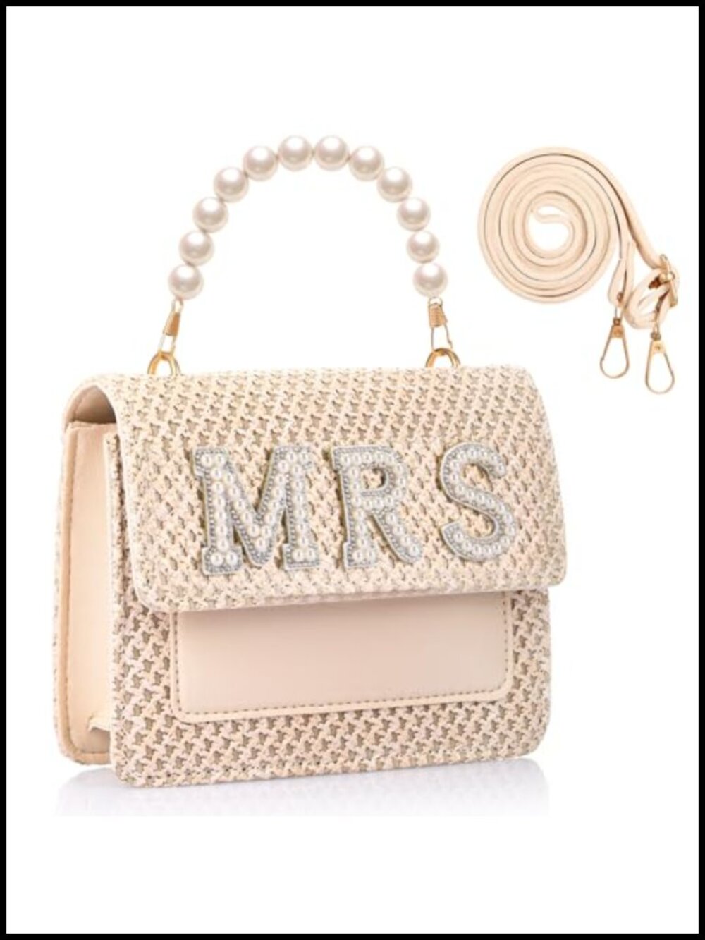 Bride Straw Bag with Pearl Handle Clutch Purse for Wedding Beach